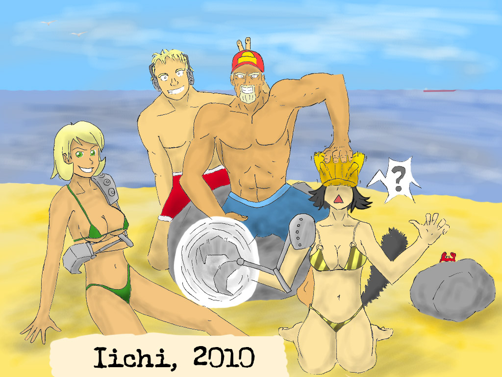 Команда «ЭкскОватор». Слева направо: Экскаватор-тян, Трактор-кун, Марвин Химейр, Катерпиллер-тян