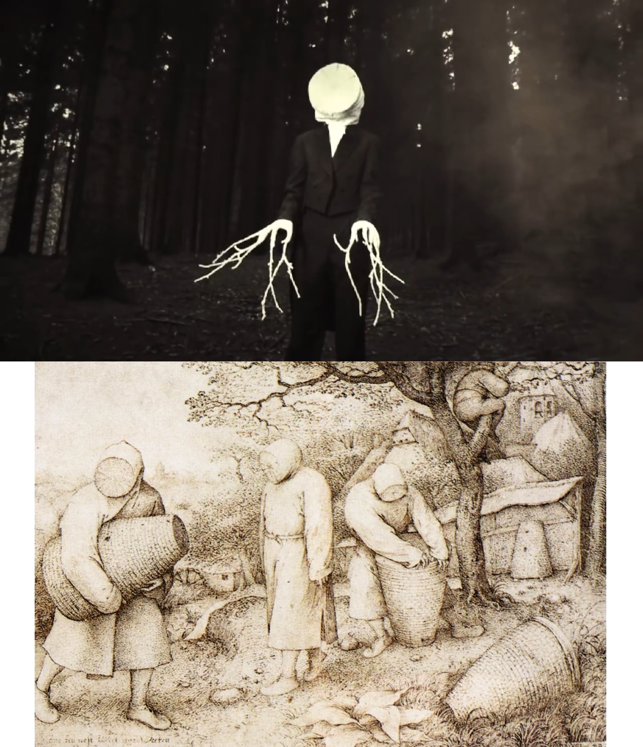 Человек-дерево вдохновлён эскизом «Пчеловоды» Питера Брейгеля (Старшего) (ок. 1568) Сам эскиз вдохновлён реальными защитными костюмами пчеловодов XVI века.