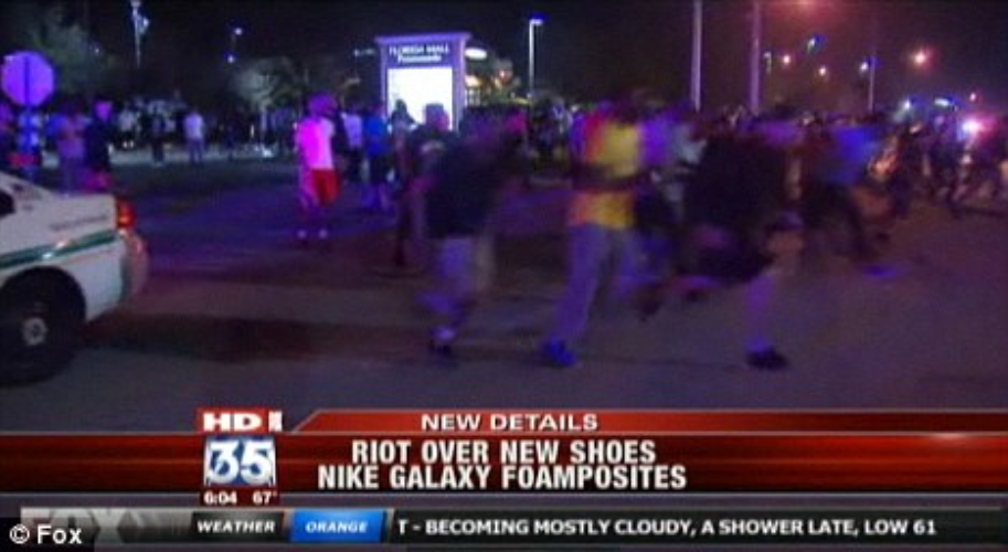 Скриншот репортажа об уличных беспорядках, связанных с релизом Foamposite «Galaxy»