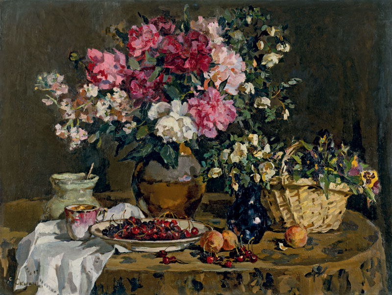 Е. Скуинь. Пионы и вишня. 1956
