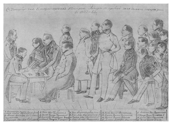 Репетиция в Александринском театре. Рисунок карандашом П. А. Каратыгина. 1837 (В. А. Каратыгин — 9, А. Е. Мартынов — 15)