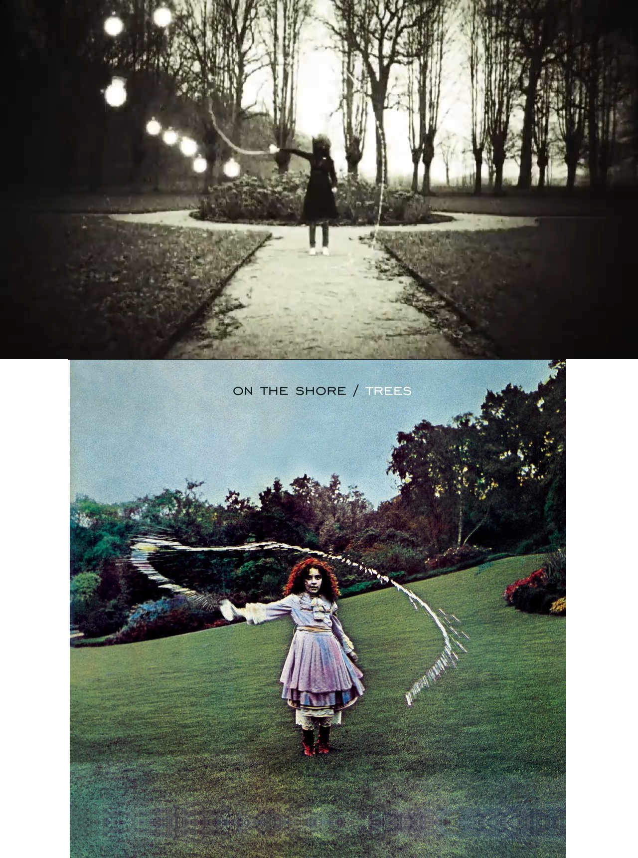 Женщина-птица, разбрызгивающая воду в клипе, и обложка альбома On the Shore британской прогрессив-фолк группы Trees.