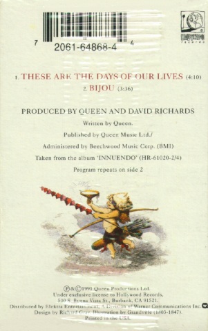 Задняя обложка американского кассетного сингла These Are the Days of Our Lives