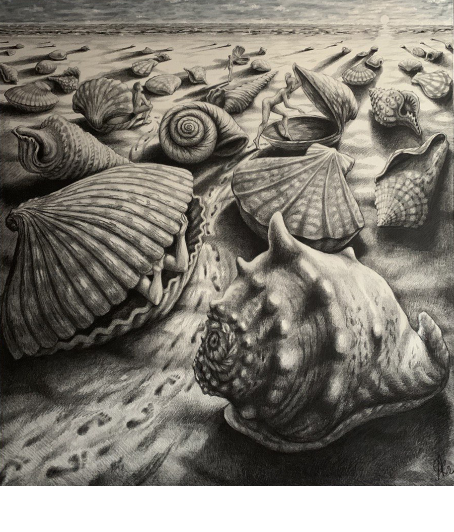 «Пляж», 2022 год. (Холст, графит, акрил. 150x140)