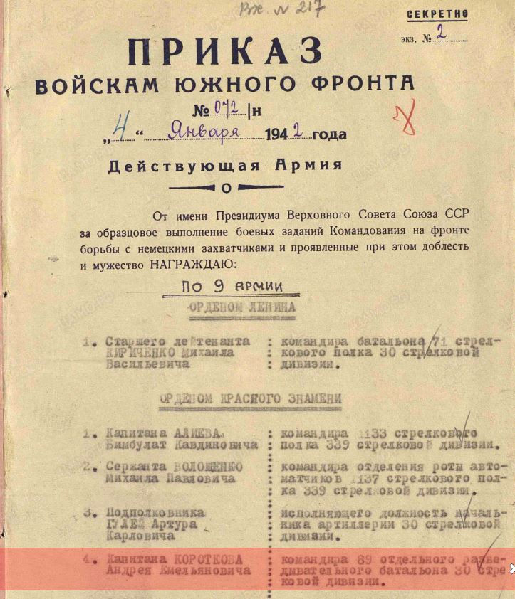 Приказ войскам Южного фронта о награждении от 4 января 1942 г.