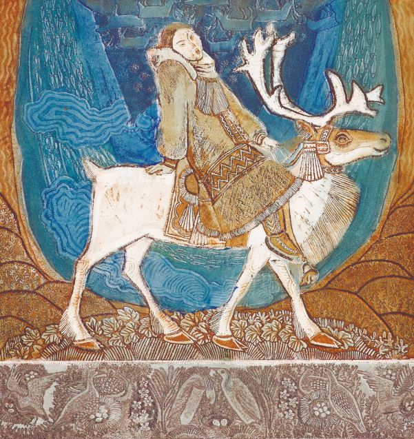 «Песня» из серии «Юность Таймыра». Бумага, цветной офорт. 1980 год. Красноярский художественный музей имени В. И. Сурикова.