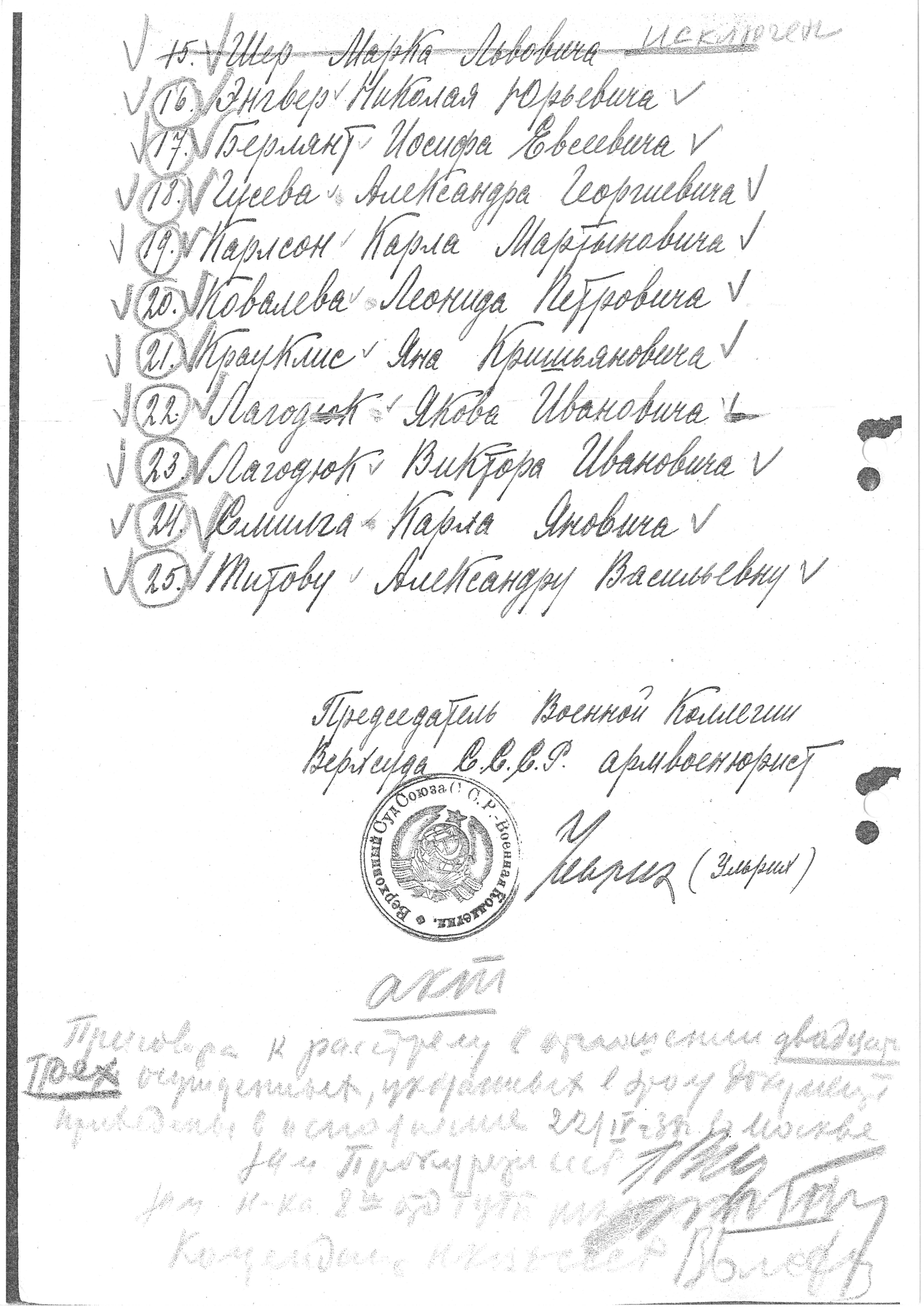 Акт о расстреле 25 осужденных в ОП (подписи Г. К. Рогинского, С. Я. Зубкина, В. М. Блохина)