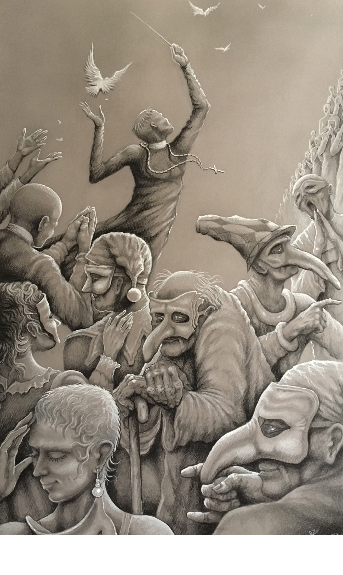 «Жирный вторник», 2018 год. (Картон, графит, акрил. 120х80)