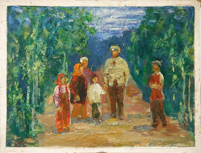 Аксиров Муаед. «Ленин и дети». 1958. Картон, масло.