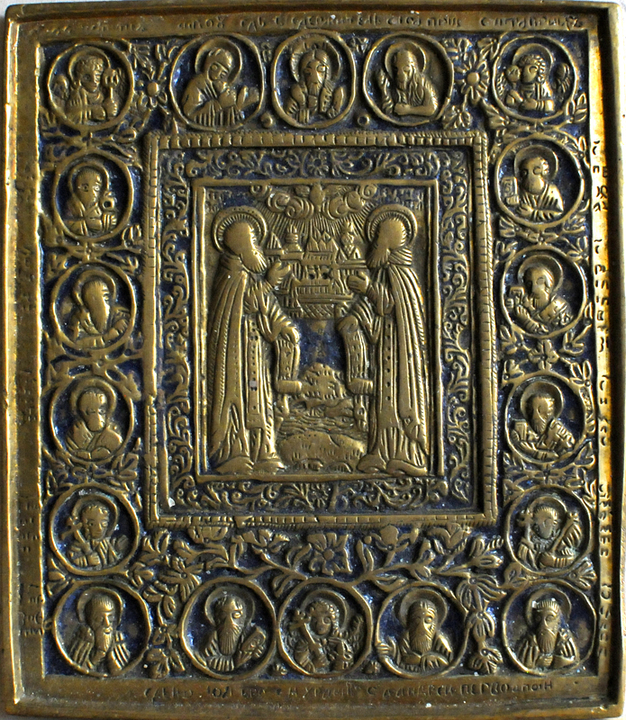 Преподобные Зосима и Савватий Соловецкие. Вторая пол. XIX в. Медный сплав, литьё, эмаль.