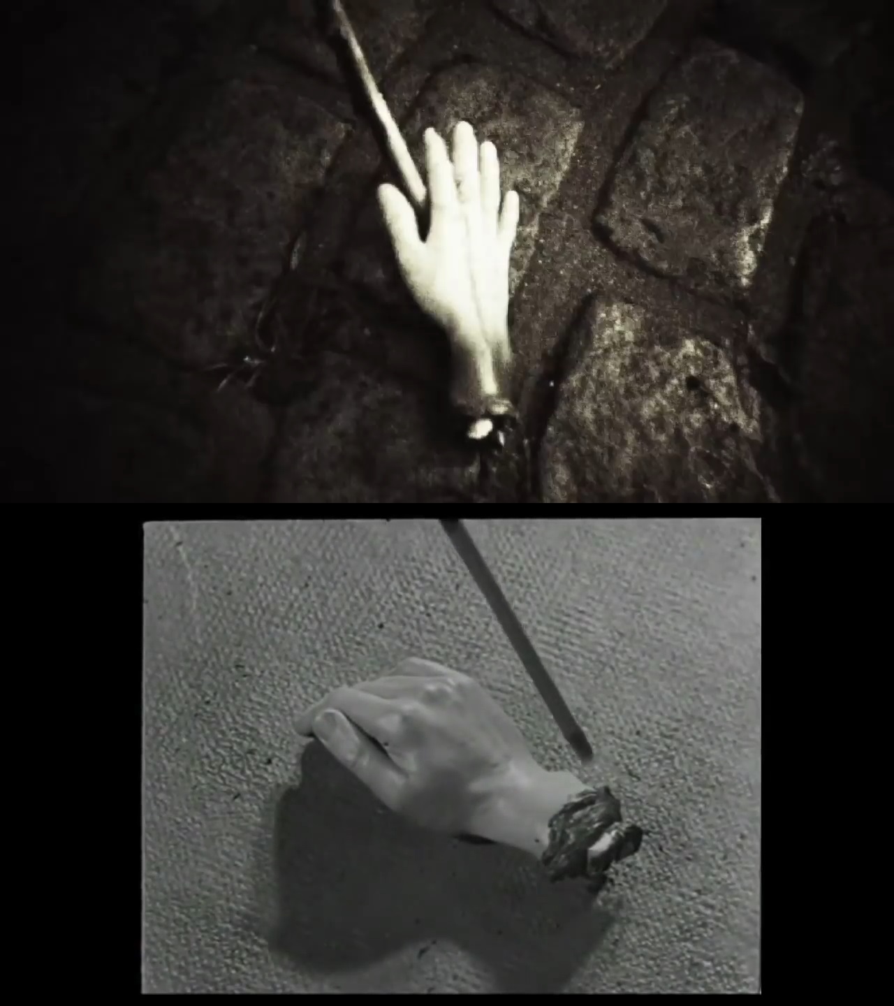 Сцена с толпой, ковыряющей палкой оторванную кисть руки, взята из сюрреалистического фильма «Андалузский пёс» Луиса Бунюэля