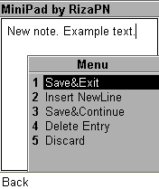 Создание новой заметки, меню с дополнительными опциями.