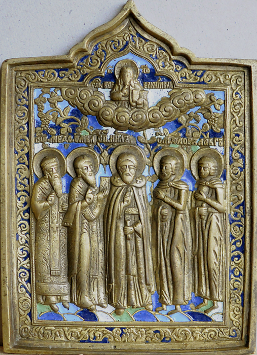 Святители Модест Иерусалимский и Власий Севастийский, преподобный Нил, мученики Флор и Лавр. Вторая пол. XIX в. Медный сплав, литьё, эмаль.