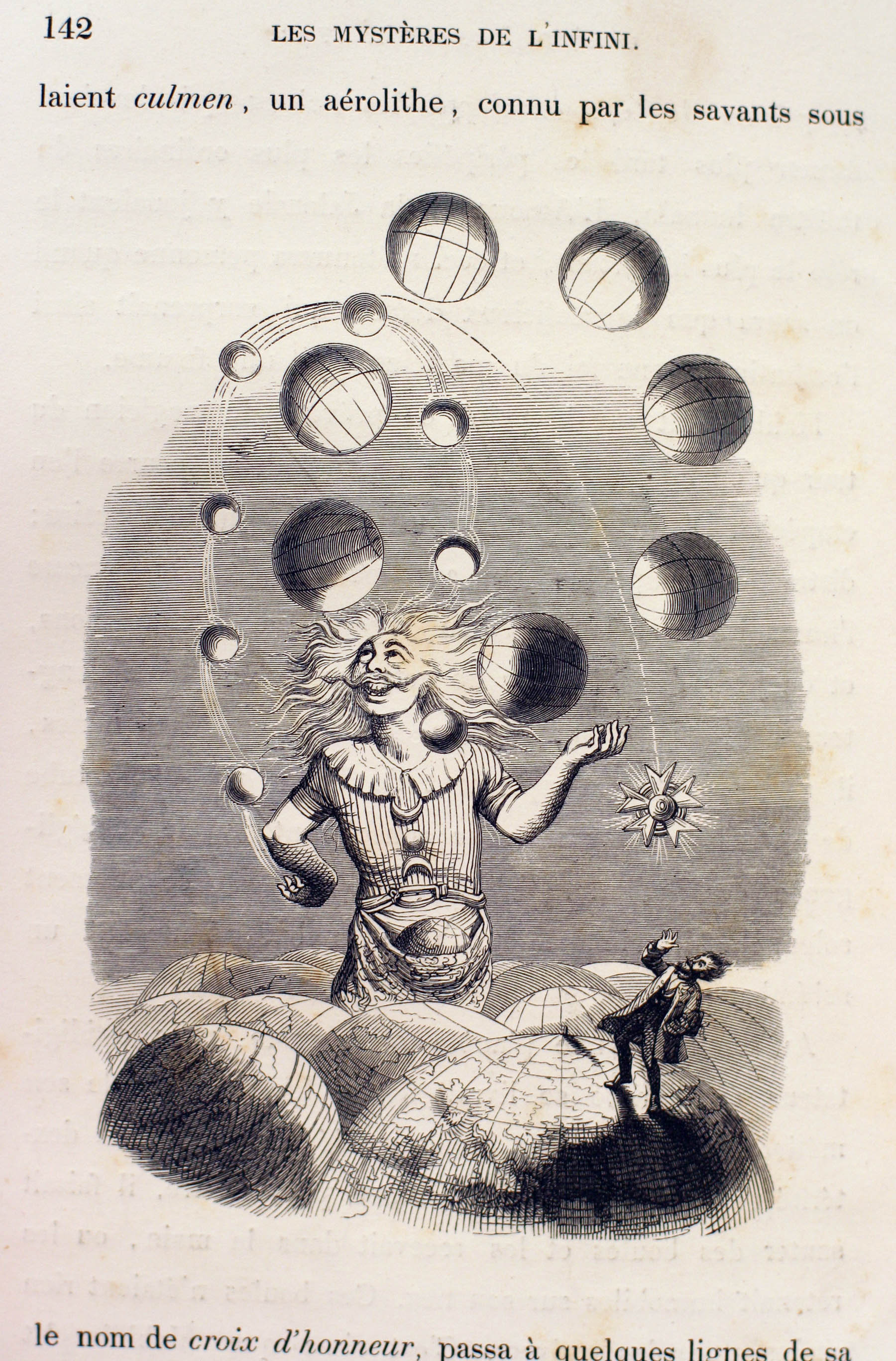 «Жонглирующий вселенными», страница из оригинального издания «Un Autre Monde» 1844 года.