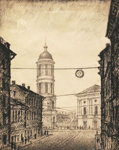 "Вид на Владимирскую площадь с Загородного проспекта" Коллекция leningradart.com, выставка "Любимый город" Рисунок, акварель.1930-1990 г.г.