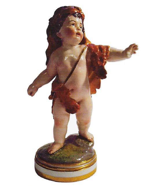 Скульптура путти в образе Геракла со шкурой немецкого льва. Модель А.К. Шписа. Фарфор, роспись подглазурная полихромная, позолота. 13,4x6,5x4,7.