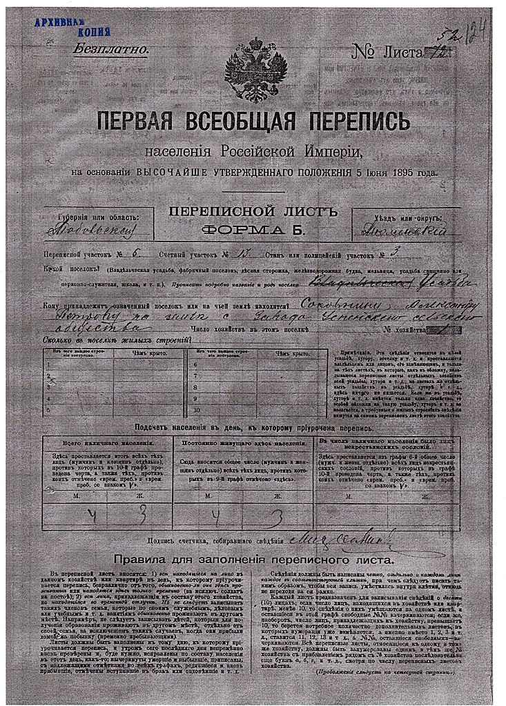 ЛИЦЕВАЯ СТОРОНА ПЕРЕПИСНОГО ЛИСТА 1895 Г.