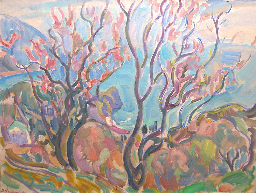 Тетерин В. Цветущий миндаль на фоне моря. 1981