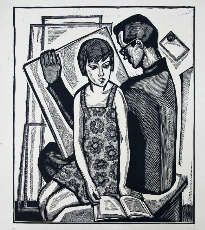 Автопортрет с дочерью. Бумага, линогравюра. 1971 год. Красноярский краевой краеведческий музей.