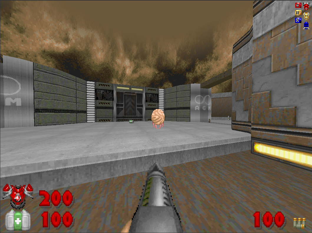 Альтернативный вариант информационной панели - В нижнем углу слева - проценты брони и здоровья, в правом нижнем углу - оставшиеся патроны, и в правом верхнем углу все ключи которые подобрал игрок. (Используется порт GZDoom)