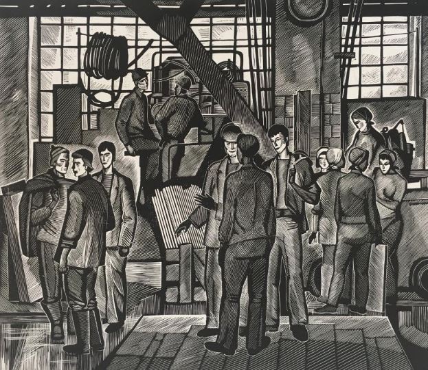 «В цехе». Бумага, линогравюра. 1970-е гг. Музейно-выставочный комплекс «Музей Норильска»,