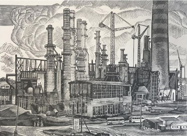 Индустриальный пейзаж. Бумага, линогравюра. 1981 год. Музейно-выставочный комплекс «Музей Норильска»,