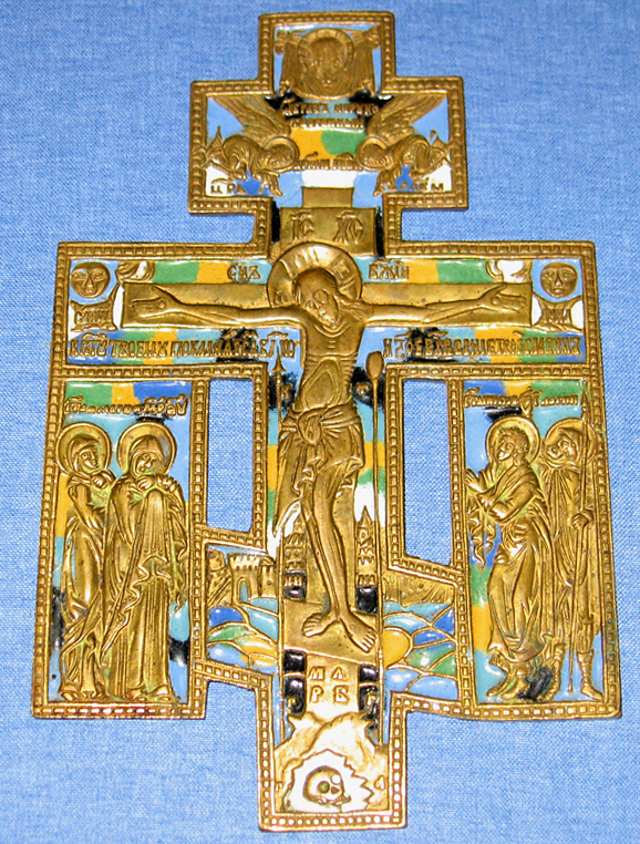 Крест «Распятие Христово, с предстоящими» Москва, XIX в., медный сплав, литьё, эмаль.