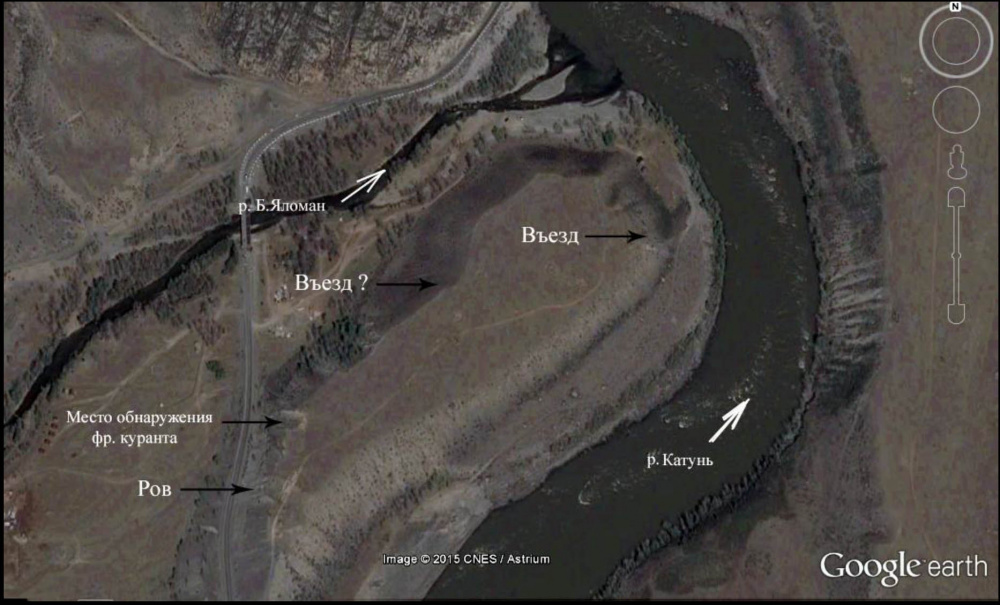 Космоснимок Яломанского городища с обозначениями мест элементов фортификации