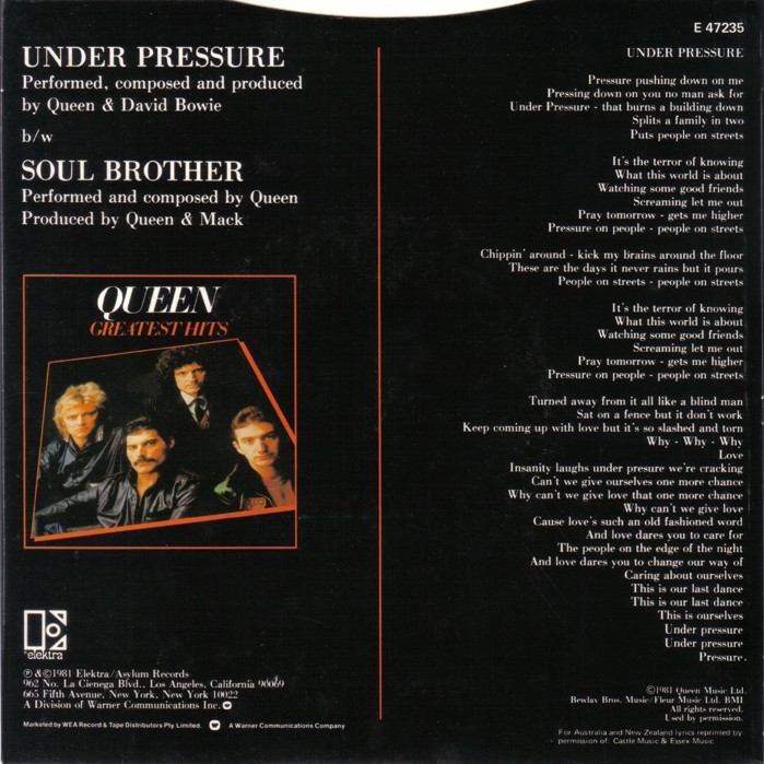 Задняя обложка австралийского 7" сингла