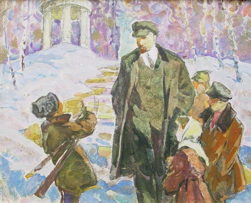 Семячкин Павел Семенович (1923 г.р.). «Ленин и дети». 1950-е гг. Картон, гуашь.